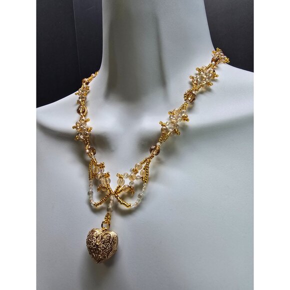 Handcrafted 18k Gold Plated Heart Locket Peach Zircon & Prehnite Beaded Necklace - Picture 4 of 10